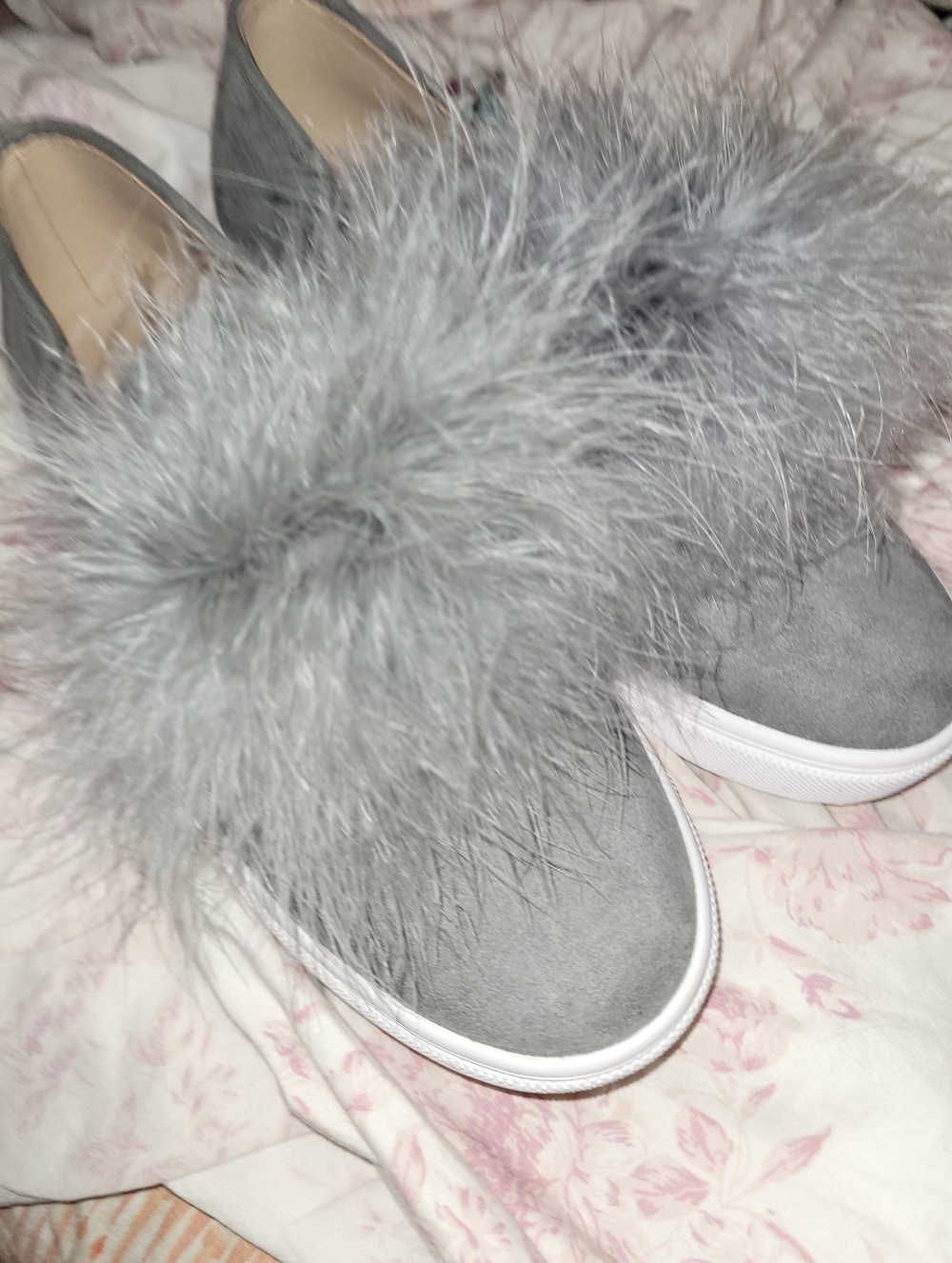 Women's Gray Faux Fur Slip-On Sneakers